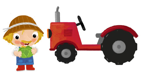 cartoon scene with farmer man standing doing some activity near tractor isolated background illustation for children