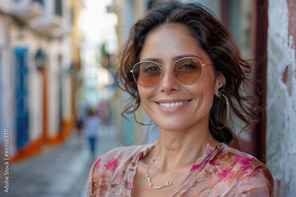 Poster Confident middle aged Hispanic woman smiling in sunglasses on street.