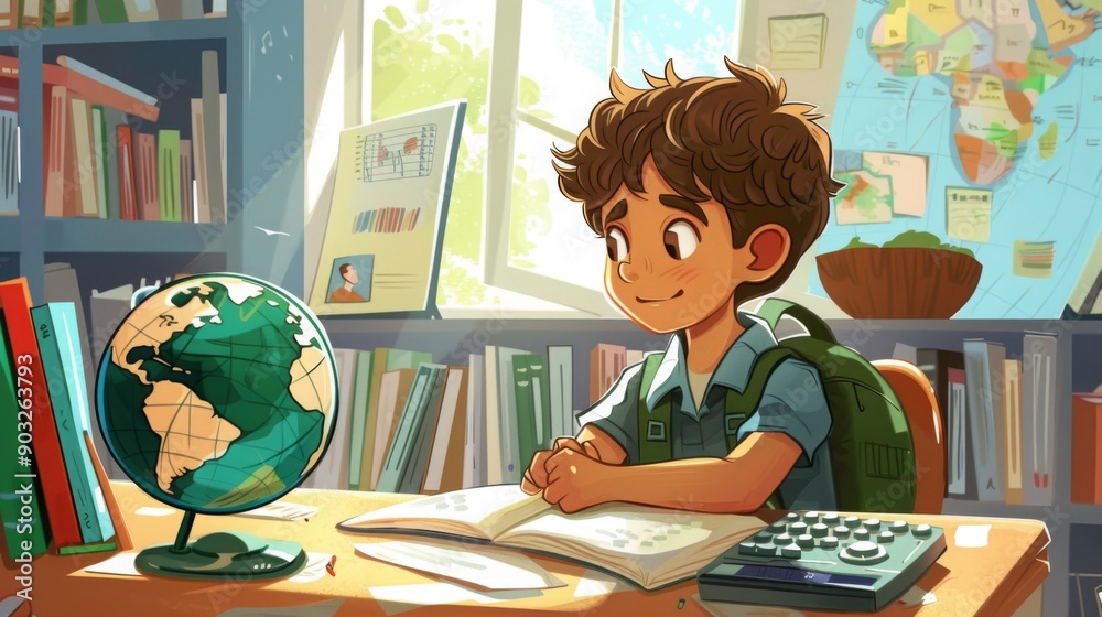Poster a young student with curly hair studies a globe and an open book at a desk in a bright library fille