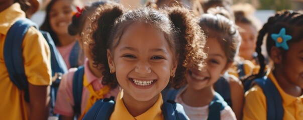 Portrait of happy elementary school student smiling with classmates in background