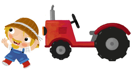 cartoon scene with farmer man standing doing some activity near tractor isolated background illustation for children