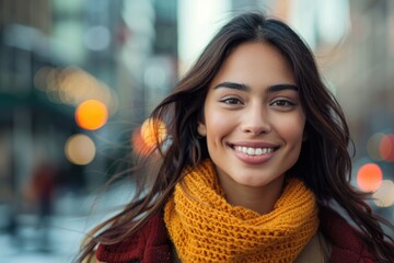 Obraz premium Happy Hispanic woman walking in the city.
