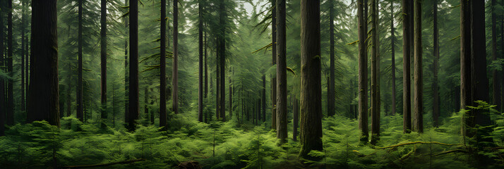 A Scenic Portrayal of Majestic Evergreen Forest Immersed in Natural Wilderness