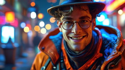 Smiling Man in City Lights.