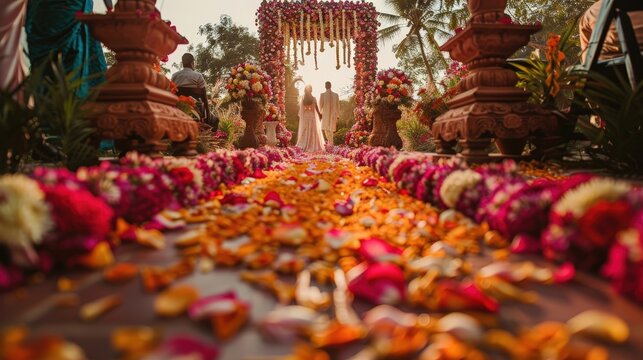 Beautiful Outdoor Wedding Ceremony With Floral Decorations During Sunset Among Lush Greenery. Generative AI