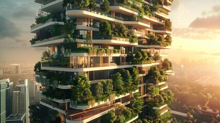 Obraz premium Modern Skyscraper with Lush Greenery and Curved Balconies