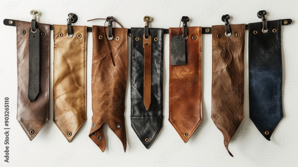 Wall mural Collection of leather banners in brown black and beige with tags and metal buttons on white background