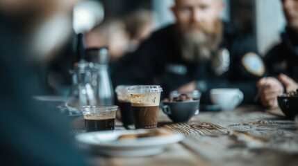 A wooden table with various coffee cups and a focus on beverages, also showing law enforcement officers having a discussion in a relaxed environment.