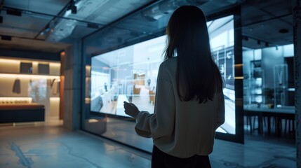 Woman Interacting with a Large Interactive Display in a Modern Showroom