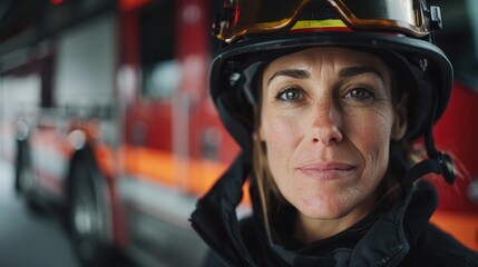 A female firefighter wearing her helmet and uniform, standing in front of her fire truck, captures a calm and composed demeanor, representing bravery and dedication.