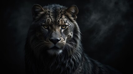 Fototapeta premium Black lion an enigmatic chimera emerges from the shadows its form