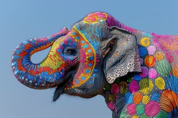Close-Up of Elephant's Trunk Painted with Colorful Holi Festival Patterns Against Clear Sky - Intricate Details Captured in the Style of an Indian Artist

