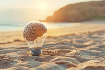 Brain light bulb on a beach at sunset symbolizing creativity relaxation and inspiration in a serene artistic photograph highlighting visual and emotional appeal.