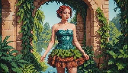Woman in Green Dress Standing in a Garden Archway.