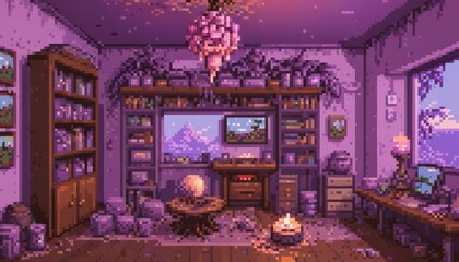 Pixel Art Cozy Home Office Interior Design with Purple Aesthetic.