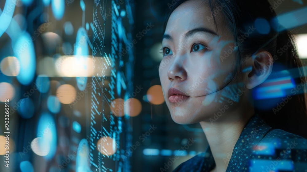 Poster a young woman examines digital data displayed on screens in a modern, illuminated workspace during t