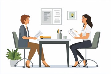 two business people in an office setting, one sitting at a desk and another sitting next to it holding papers while having a conversation with a female staff member. a flat design illustration.
