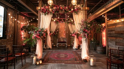Elegant Indoor Wedding Ceremony Decorated With Flowers and Romantic Lighting in a Rustic Venue. Generative AI