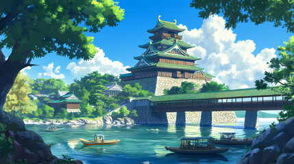 asian temple in anime cartoon style