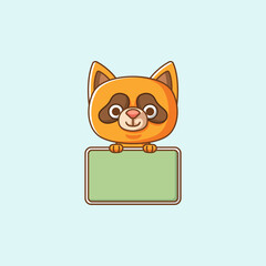 Cute raccoon hold blank space board banner kawaii chibi character mascot illustration outline style