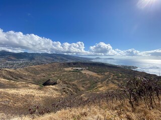 Photo of view of North Pacific Ocean from the summit of crater of Diamond Head in Diamond Head State Monument located in Honolulu County in the island of Oahu, Hawaii, United states of America USA.