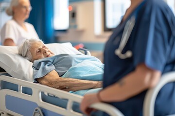 Elderly Patient Receiving Care in Hospital Bed Surrounded by Medical Staff and Family Members During Daytime