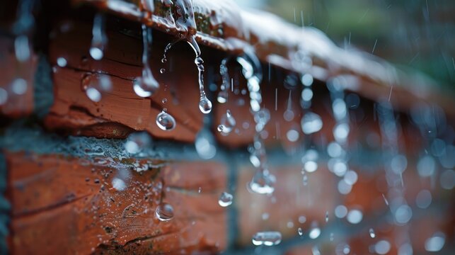 Close-up image showcasing water droplets cascading down the edge of a red brick wall during a rainy day, highlighting the texture of the bricks and the rain.