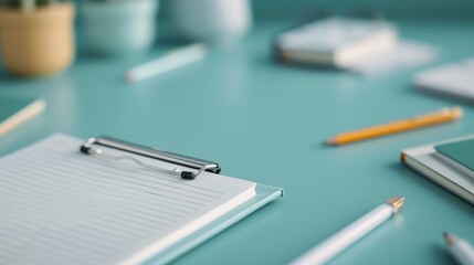 Organized office supplies including a clipboard, pens, and notepads are neatly arranged on a desk, symbolizing efficiency and readiness in a well-structured work environment.