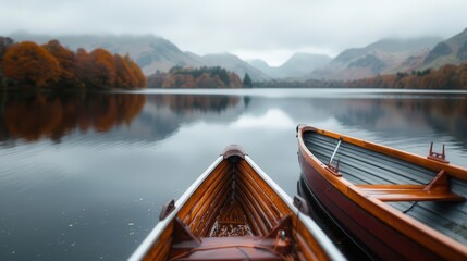 Fototapeta premium Wooden boats gently float on a calm lake, surrounded by rolling hills under a cloudy sky, creating a scene of peaceful solitude and tranquil simplicity.