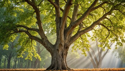 Fototapeta premium Majestic Tree in a Misty Forest with Sunbeams.