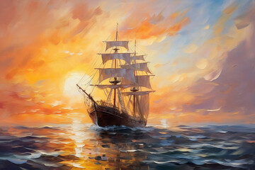 Obraz premium Seascape with a large sailing ship at sunset. Oil painting in impressionism style.