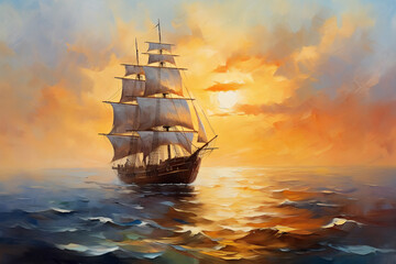 Obraz premium Seascape with a large sailing ship at sunset. Oil painting in impressionism style.