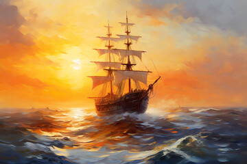 Obraz premium Seascape with a large sailing ship at sunset. Oil painting in impressionism style.