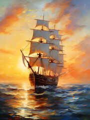 Fototapeta premium Seascape with a large sailing ship at sunset. Oil painting in impressionism style.