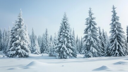 A group of snow-covered trees in a serene, snowy forest under a clear sky