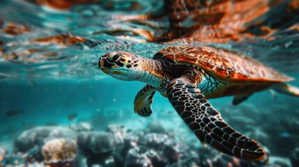 A vibrant underwater scene featuring a green sea turtle swimming calmly among marine life, with colorful corals and clear blue water creating a mesmerizing backdrop.
