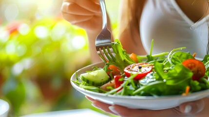 Closeup of woman eating healthy food salad