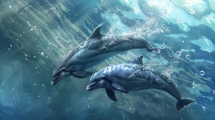 Fototapeta premium A pair of dolphins swimming gracefully underwater, creating bubbles