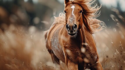 Dynamic photo of a horse running with its flowing mane, capturing the energy, power, and grace of the animal in its natural habitat against a blurred grassy backdrop.