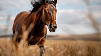 Obraz premium A stunning capture of a solitary majestic horse standing in a golden field, showcasing the elegance, strength, and natural beauty of the animal in a tranquil rural setting.