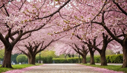 Naklejka premium Pink Cherry Blossoms Pathway in Spring.