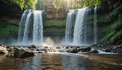 Fototapeta premium Majestic Waterfall in Lush Forest.