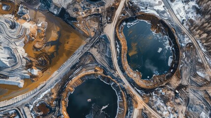Aerial view of a surface tailings pond of chemical residue Tailings pond for waste from a chemical plant