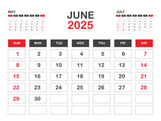 Calendar 2025 template minimal style, June 2025 template, Desk calendar 2025 year, Wall calendar, Week starts on sunday, Planner, Printing media, poster, advertisement, Red background vector