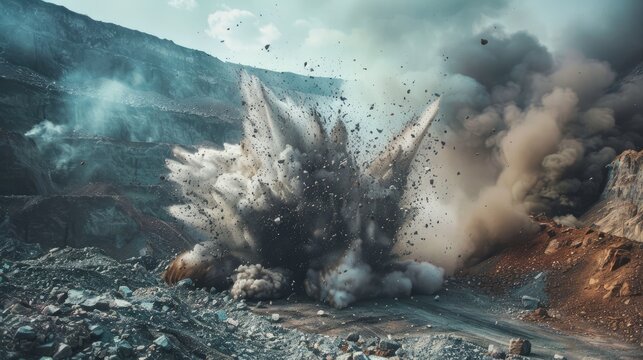 Explosion blast in open cast mining quarry mine