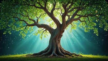 Fototapeta premium Majestic Ancient Tree with Sunbeams.