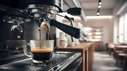 A coffee machine at a cozy cafe pouring a perfect, rich, dark brown shot of espresso.