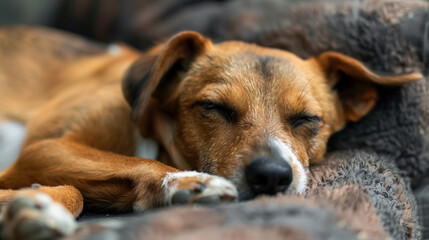 のんびりリラックスして眠る犬の顔をクローズアップでリアルに描いたAI生成画像