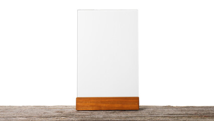 Menu holder on wooden table against white background. Mockup for design