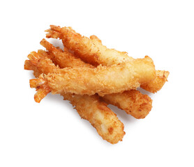 Tasty breaded fried shrimps isolated on white, top view